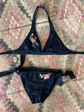 Navy Floral Embroidered Bikini Set